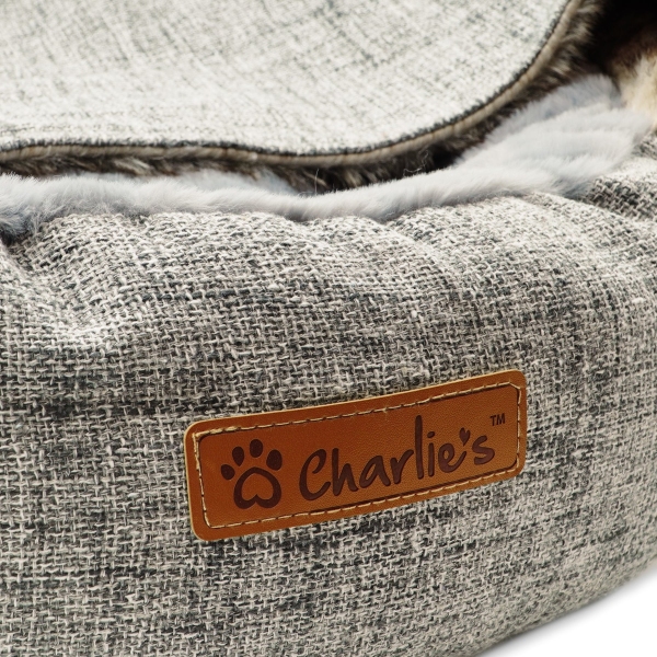 Charlie's - Snookie Hooded Pet Bed - Faux Wolf Fur & Linen - Light Grey - Image 5