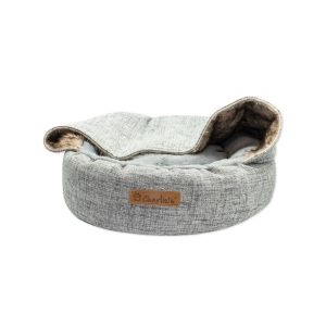 Charlie's - Snookie Hooded Pet Bed - Faux Wolf Fur & Linen - Light Grey