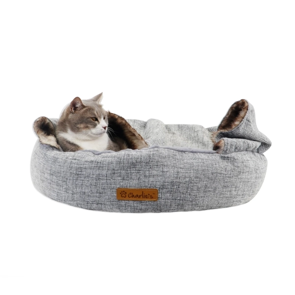 Charlie's - Snookie Hooded Pet Bed - Faux Wolf Fur & Linen - Light Grey - Image 2