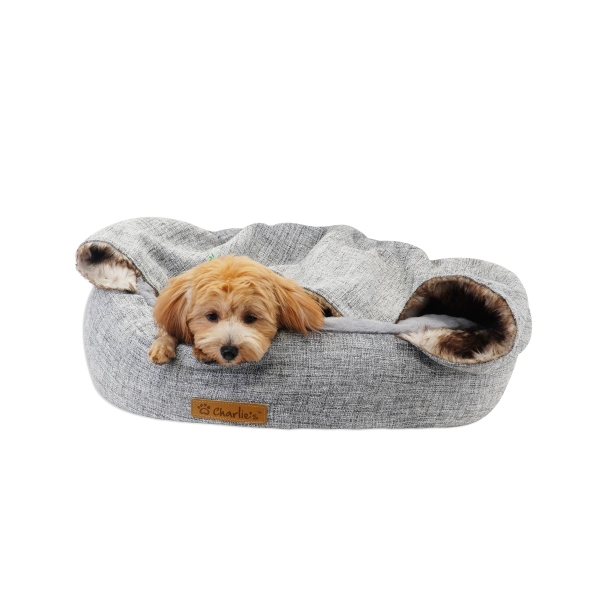 Charlie's - Snookie Hooded Pet Bed - Faux Wolf Fur & Linen - Light Grey - Image 3